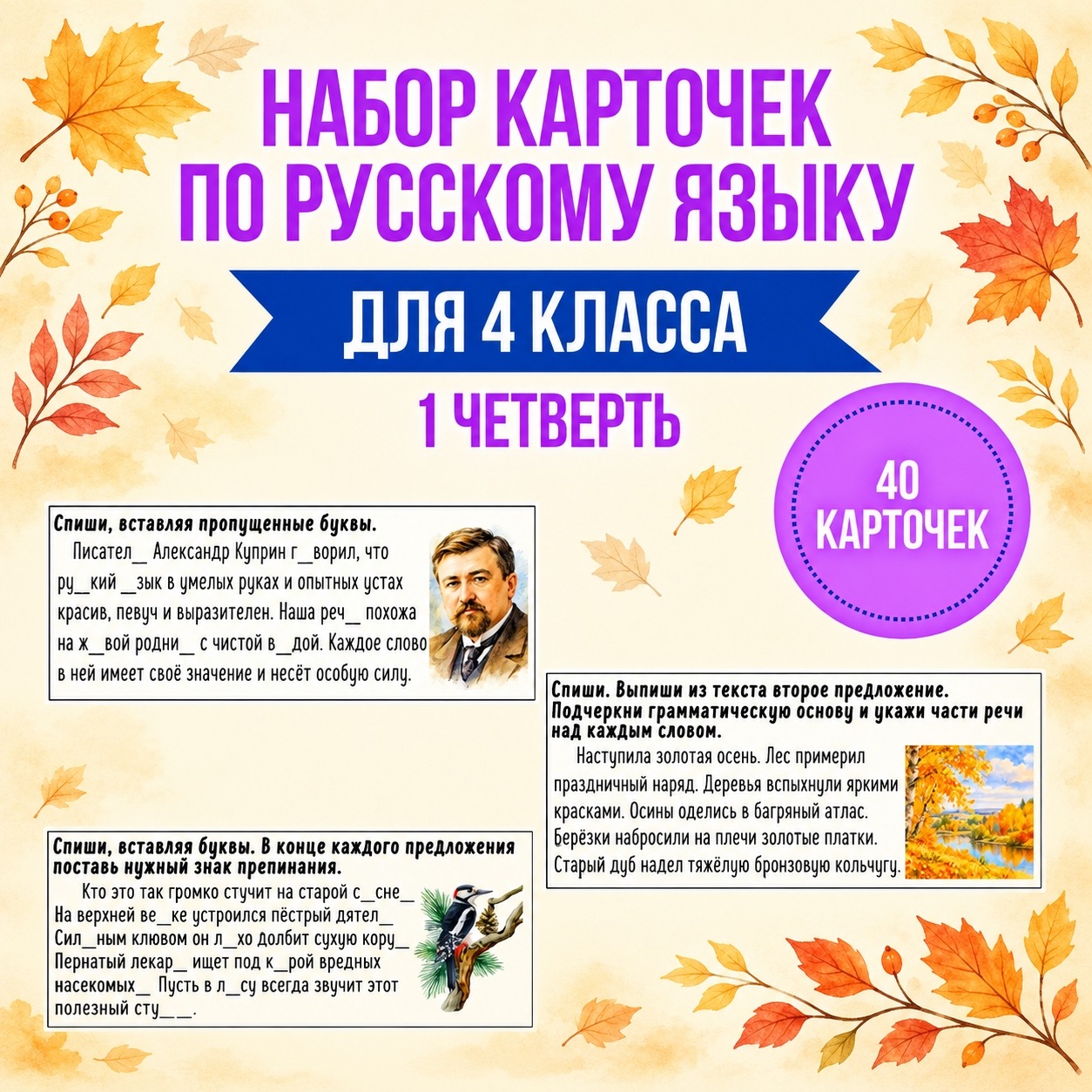 Сборник карточек по русскому языку для 4 класса (1 четверть)
